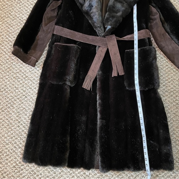 Vintage Style VI Dark Mink Faux Fur Coat with Brown  Suede Leather Fringe Belt - Picture 12 of 15